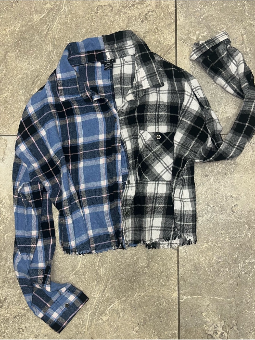 Women Plaid Split-Color Button-Front Shirt Jacket - Blue & Black/White